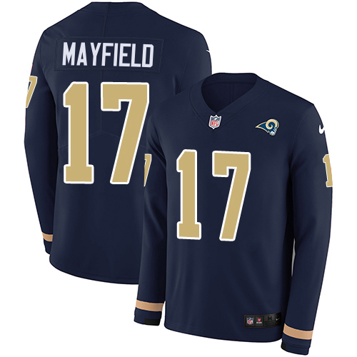 Rams #17 Baker Mayfield Navy Blue Team Color Men's Stitched Limited Therma Long Sleeve Jersey