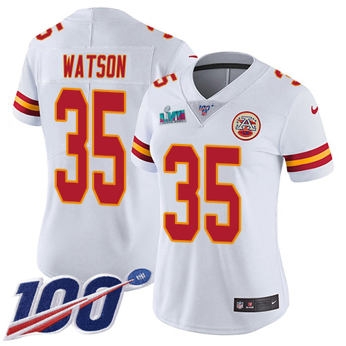Chiefs #35 Jaylen Watson White Super Bowl LVII Patch Women's Stitched 100th Season Vapor Limited Jersey