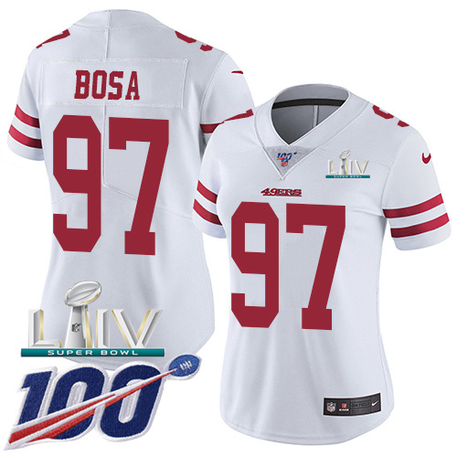 49ers #97 Nick Bosa White Super Bowl LIV 2020 Women's Stitched 100th Season Vapor Limited Jersey