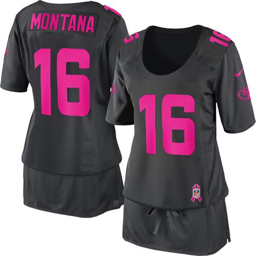 49ers #16 Joe Montana Dark Grey Women's Breast Cancer Awareness Stitched Elite Jersey
