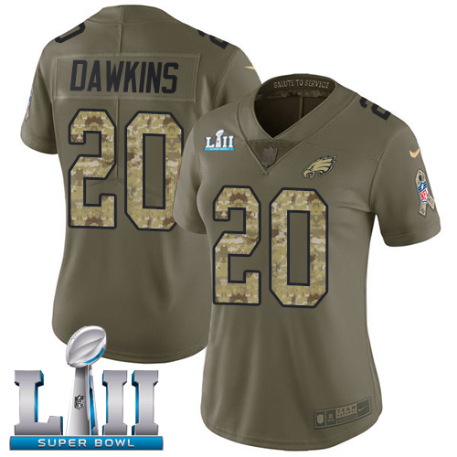 Eagles #20 Brian Dawkins Olive/Camo Super Bowl LII Women's Stitched Limited 2017 Salute To Service Jersey