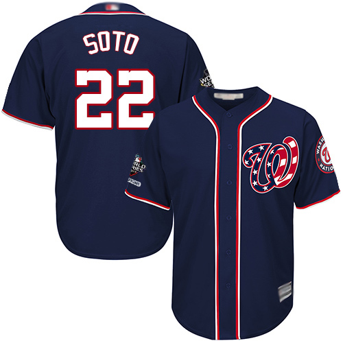 Washington Nationals #22 Juan Soto Navy Blue Cool Base 2019 World Series Champions Stitched Youth Jersey Youth