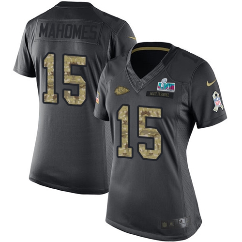Chiefs #15 Patrick Mahomes Black Super Bowl LVII Patch Women's Stitched Limited 2016 Salute To Service Jersey