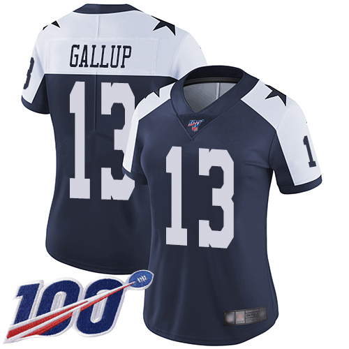 Cowboys #13 Michael Gallup Navy Blue Thanksgiving Women's Stitched 100th Season Vapor Throwback Limited Jersey