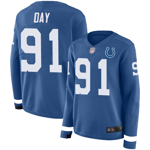 Indianapolis Colts #91 Sheldon Day Royal Blue Team Color Women's Stitched Limited Therma Long Sleeve Jersey Womens