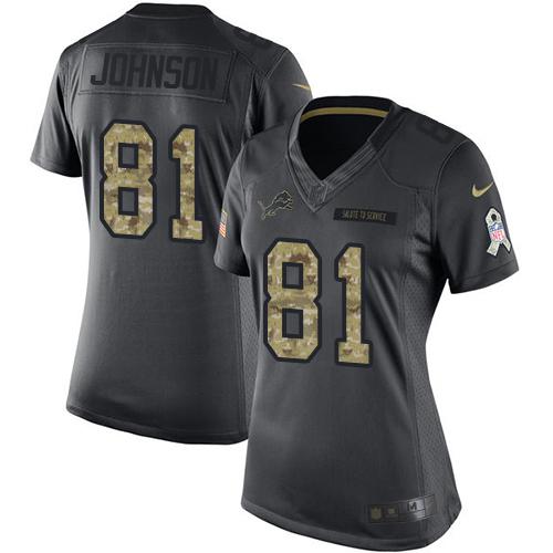 Detroit Lions #81 Calvin Johnson Black Women's Stitched Limited 2016 Salute to Service Jersey Womens