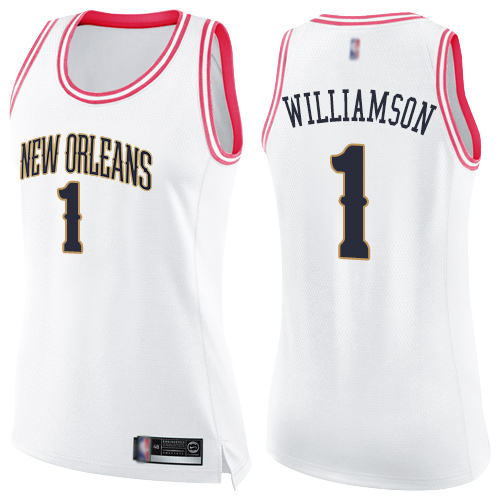 New Orleans Pelicans #1 Zion Williamson White/Pink Womens Swingman Fashion Jersey Womens