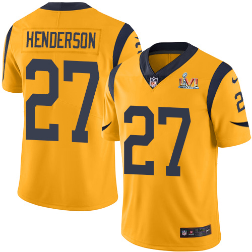Los Angeles Rams #27 Darrell Henderson Gold Super Bowl LVI Patch Men's Stitched Limited Rush Jersey Men's