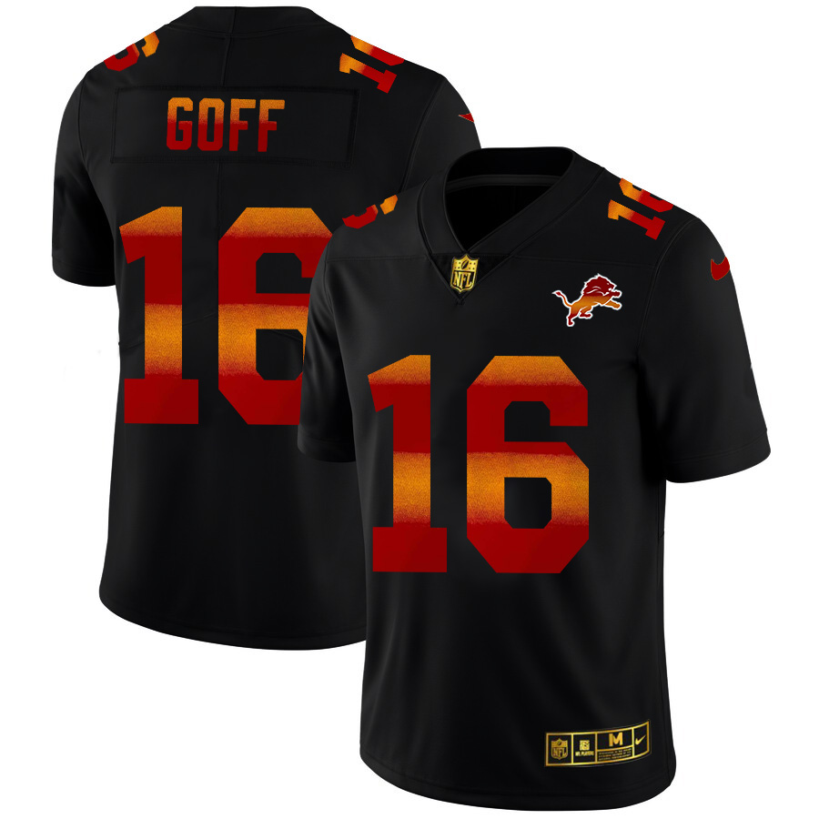 Detroit Lions #16 Jared Goff Men's Black Red Orange Stripe Vapor Limited Jersey