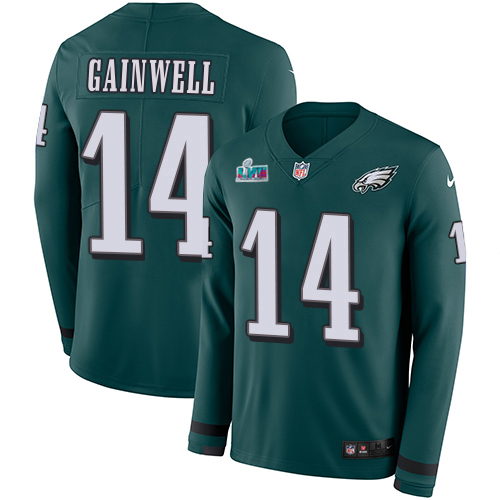 Eagles #14 Kenneth Gainwell Green Team Color Super Bowl LVII Patch Men's Stitched Limited Therma Long Sleeve Jersey