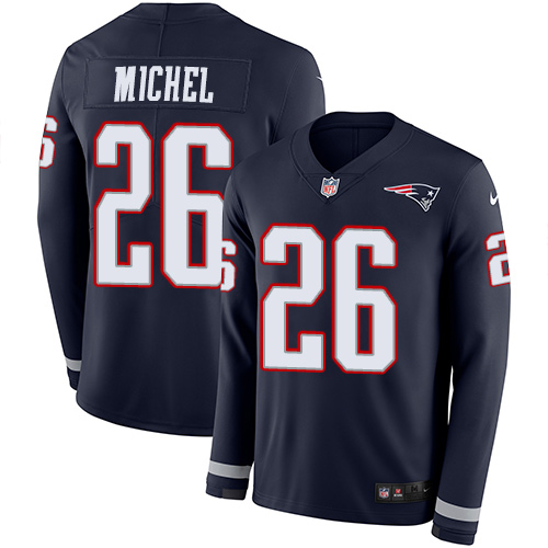 New England Patriots #26 Sony Michel Navy Blue Team Color Men's Stitched Limited Therma Long Sleeve Jersey Men's