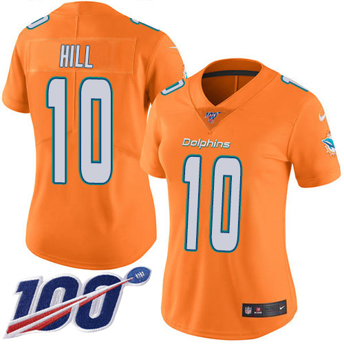 Dolphins #10 Tyreek Hill Orangen Women's Stitched Limited Rush 100th Season Jersey