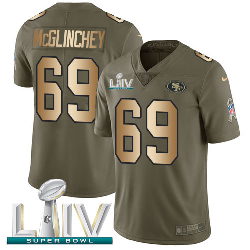 San Francisco 49ers #69 Mike McGlinchey Olive/Gold Super Bowl LIV 2020 Men's Stitched Limited 2017 Salute To Service Jersey Men's
