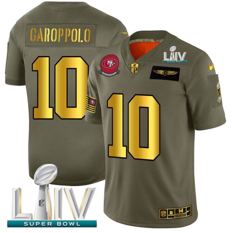 San Francisco 49ers #10 Jimmy Garoppolo Men's Olive Gold Super Bowl LIV 2020 2019 Salute To Service Limited Jersey