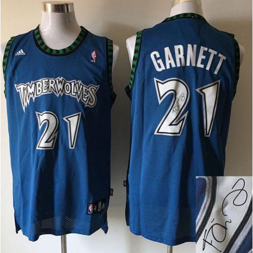Minnesota Timberwolves #21 Kevin Garnett Blue Autographed Stitched Jersey Mens