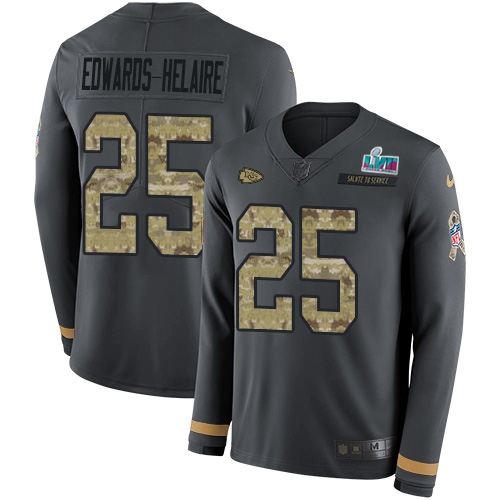 Chiefs #25 Clyde Edwards-Helaire Anthracite Super Bowl LVII Patch Salute To Service Men's Stitched Limited Therma Long Sleeve Jersey