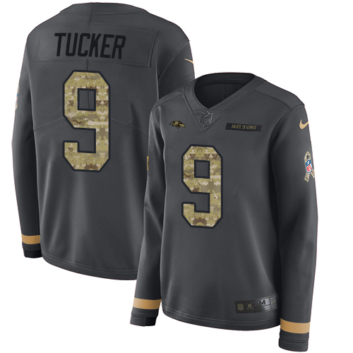 Ravens #9 Justin Tucker Anthracite Salute To Service Women's Stitched Limited Therma Long Sleeve Jersey