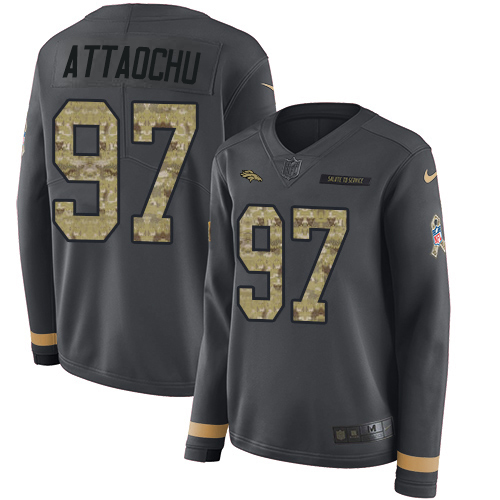 Denver Broncos #97 Jeremiah Attaochu Anthracite Salute to Service Women's Stitched Limited Therma Long Sleeve Jersey Womens