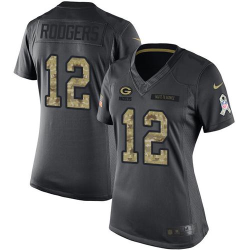 Packers #12 Aaron Rodgers Black Women's Stitched Limited 2016 Salute To Service Jersey