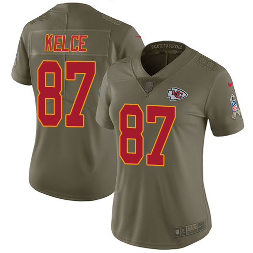 Chiefs #87 Travis Kelce Olive Women's Stitched Limited 2017 Salute To Service Jersey