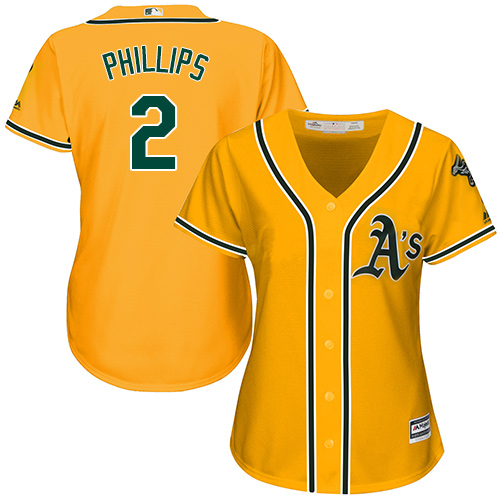 Oakland Athletics #2 Tony Phillips Gold Alternate Women's Stitched Jersey Womens