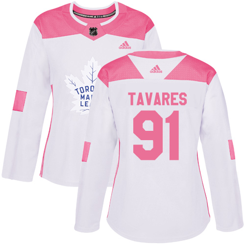 Adidas Maple Toronto Maple Leafs #91 John Tavares White/Pink Authentic Fashion Women's Stitched Jersey Womens