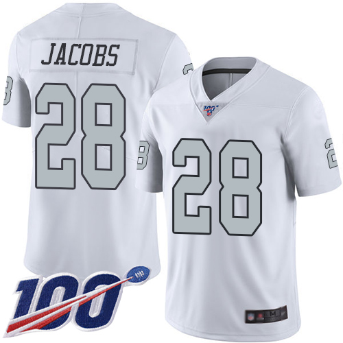 Raiders #28 Josh Jacobs White Men's Stitched Limited Rush 100th Season Jersey
