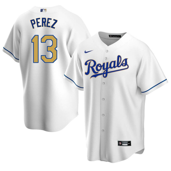 Kansas City Royals 13 Replica 2020 White Gold Home Salvador Perez Jersey