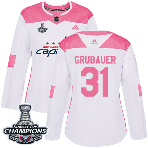 Adidas Washington Capitals #31 Philipp Grubauer White/Pink Authentic Fashion Stanley Cup Final Champions Women's Stitched Jersey Womens