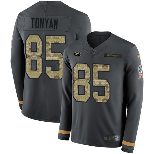 Green Bay Packers #85 Robert Tonyan Anthracite Salute to Service Men's Stitched Limited Therma Long Sleeve Jersey Men's
