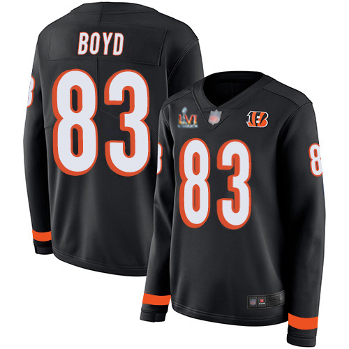Bengals #83 Tyler Boyd Black Team Color Super Bowl LVI Patch Women's Stitched Limited Therma Long Sleeve Jersey