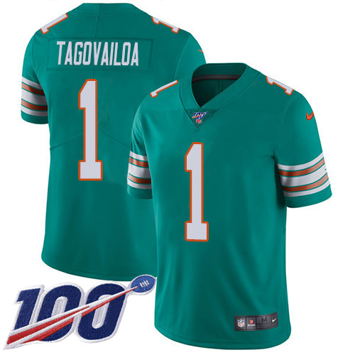 Dolphins #1 Tua Tagovailoa Aqua Green Alternate Youth Stitched 100th Season Vapor Untouchable Limited Jersey