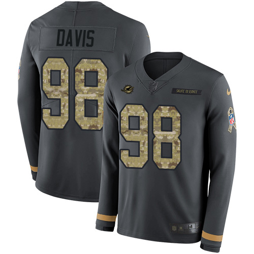 Miami Dolphins #98 Raekwon Davis Anthracite Salute to Service Men's Stitched Limited Therma Long Sleeve Jersey Men's