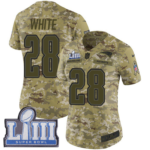 New England Patriots #28 James White Camo Super Bowl LIII Bound Women's Stitched Limited 2018 Salute to Service Jersey Womens