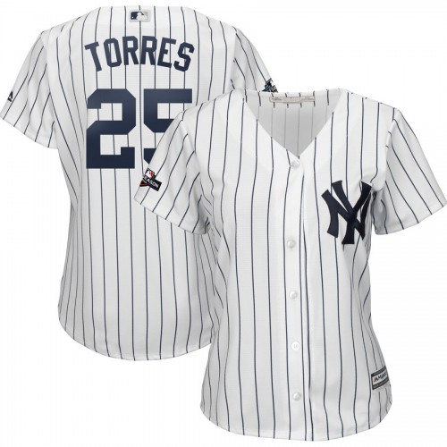 New York New York Yankees #25 Gleyber Torres Majestic Women's 2019 Postseason Official Cool Base Player Jersey White Navy Womens