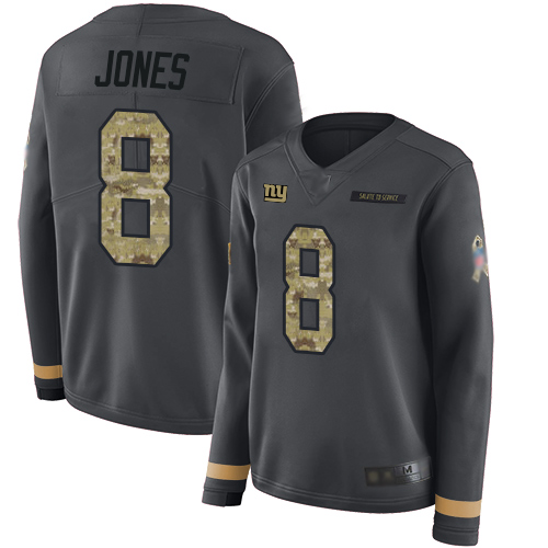 Giants #8 Daniel Jones Anthracite Salute To Service Women's Stitched Limited Therma Long Sleeve Jersey