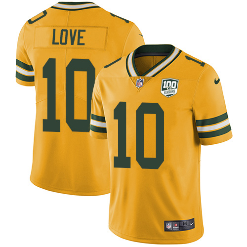 Packers #10 Jordan Love Yellow Men's 100th Season Stitched Limited Rush Jersey