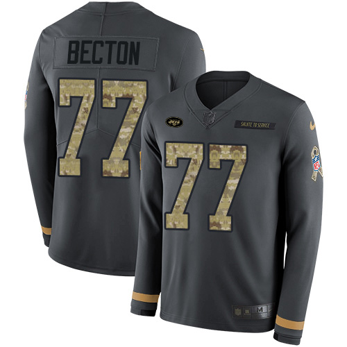 New York Jets #77 Mekhi Becton Anthracite Salute to Service Youth Stitched Limited Therma Long Sleeve Jersey Youth
