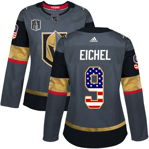 Adidas Golden Knights #9 Jack Eichel Grey 2023 Stanley Cup Final Patch Home Authentic USA Flag Women's Stitched Jersey