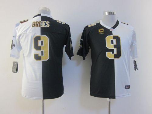 Saints #9 Drew Brees Black/White Youth Stitched Elite Split Jersey