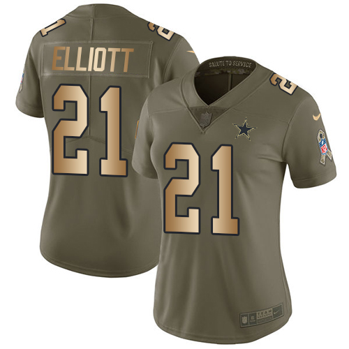 Cowboys #21 Ezekiel Elliott Olive/Gold Women's Stitched Limited 2017 Salute To Service Jersey