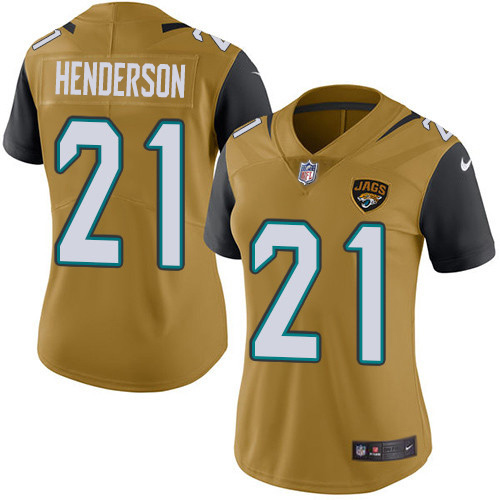 Jacksonville Jaguars #21 C.J. Henderson Gold Women's Stitched Limited Rush Jersey Womens