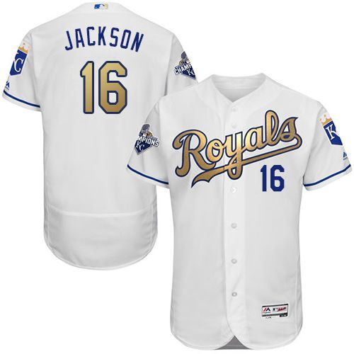 Kansas City Royals #16 Bo Jackson White 2015 World Series Champions Gold Program FlexBase Authentic Stitched Jersey Men's