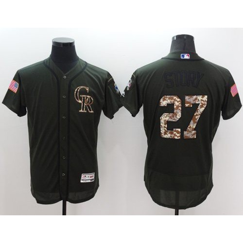 Colorado Rockies #27 Trevor Story Green Flexbase Authentic Collection Salute to Service Stitched Jersey Men's