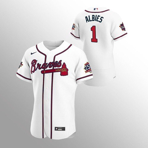 Atlanta Atlanta Braves #1 Ozzie Albies Men's 150th Anniversary 2021 World Series Authentic Jersey - White Men's