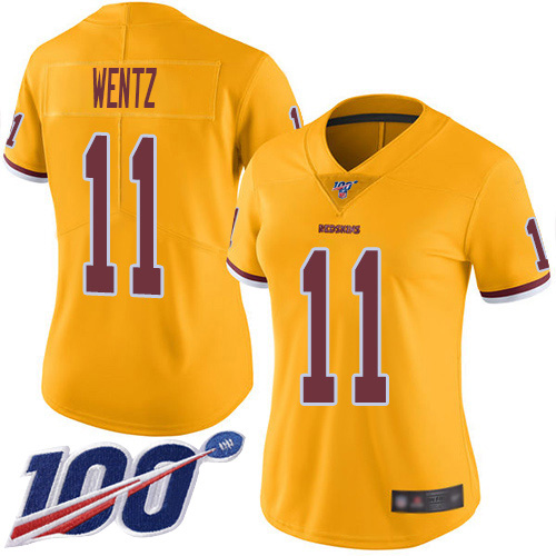 Washington Commanders #11 Carson Wentz Gold Women's Stitched Limited Rush 100th Season Jersey Womens