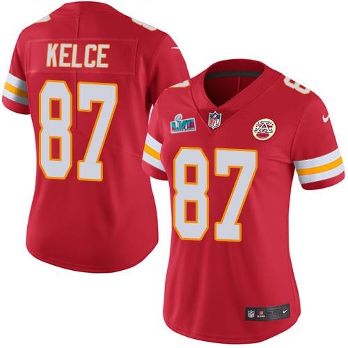 Chiefs #87 Travis Kelce Red Team Color Super Bowl LVII Patch Women's Stitched Vapor Untouchable Limited Jersey
