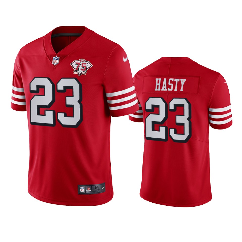49ers #23 Jamycal Hasty Red Rush Men's 75th Anniversary Stitched Vapor Untouchable Limited Jersey