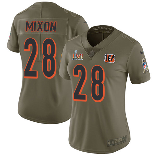 Bengals #28 Joe Mixon Olive Super Bowl LVI Patch Women's Stitched Limited 2017 Salute To Service Jersey