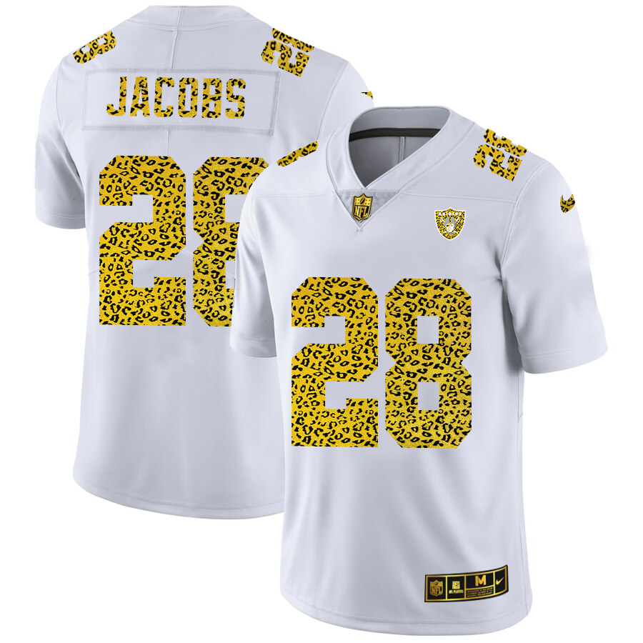 Las Vegas Raiders #28 Josh Jacobs Men's Flocked Leopard Print Vapor Limited Jersey White